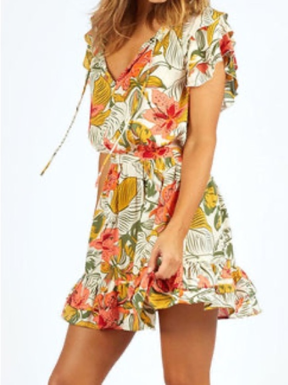 Cleobella Ulani Mini Dress Tropical Floral Flutter Sleeve Tie Waist Boho